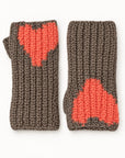 Loved Smittens rib knit mittens in grey wool-cashmere with orange heart pattern.