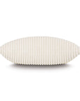 The Bishop Corduroy 20x27 pillow by Eastern Accents is white, oval-shaped with a horizontal ribbed texture and invisible zipper closure, shown from the side against a plain white background.