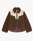 Brown sherpa jacket with cream yoke, quilted lining, and zipper by The Great Inc. at Bungalow Furniture & Accessories.