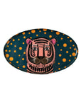 The Tiger Spot Tray by Indaba is an oval accent tray featuring a pink and black illustrated tiger face on a dark background with yellow-orange polka dots—an eye-catching decorative piece.
