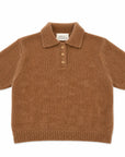 Camel brown mohair blend polo with short sleeves and three buttons, White + Warren.