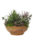 The Natural Decorations Inc. Succulent Wood Bowl features an attractive, maintenance-free arrangement of green and purple succulents with moss for a stylish decor accent.