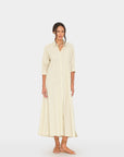 Citrine Xirena Boden Dress with subtle stripes, shown with tan sandals against a white background.