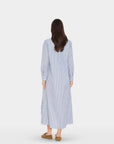 Blue-and-white striped long-sleeve dress with front buttons by Xirena, styled for Bungalow Furniture & Accessories.