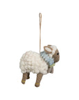 Handmade wool felt sheep ornament with a ruffled blue and green scarf on a twine loop by Creative Co-op.