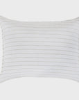 This rectangular white pillow, known as the Blake Big Pillow 28x36 from POM POM, is part of the Lake Linen Collection and features thin, evenly spaced horizontal gray stripes on a plain background.