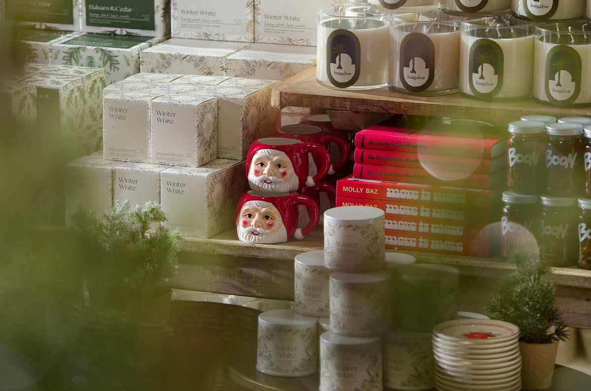 A shelf display of holiday-themed merchandise, including Santa mugs, candles, and books. Christmas-themed packaging is stacked neatly, with small evergreen plants visible in the foreground.