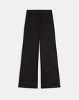 Black wide-leg pants with front button and zip, organic cotton by SUNCOO, Jet style on white background.