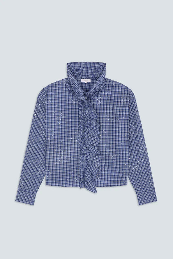 Blue Victorian-style checked ruffle shirt with high neck and long sleeves by SUNCOO, displayed on gray background.