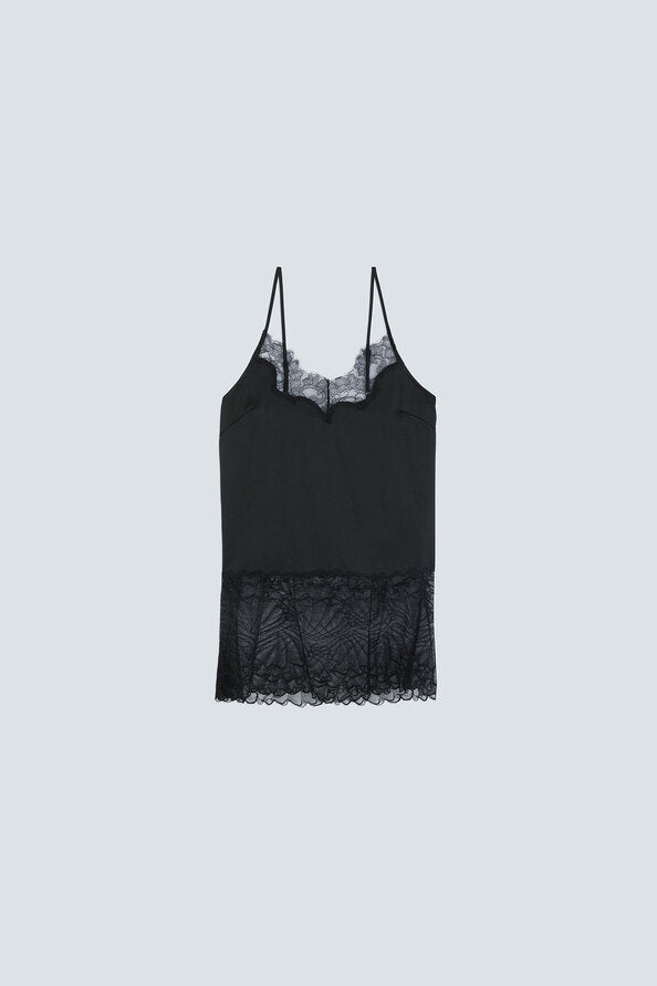 Black camisole with lace trim, thin straps, and scalloped neckline by SUNCOO, in fluid FSC viscose.
