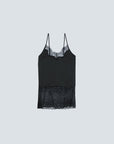 Black camisole with lace trim, thin straps, and scalloped neckline by SUNCOO, in fluid FSC viscose.