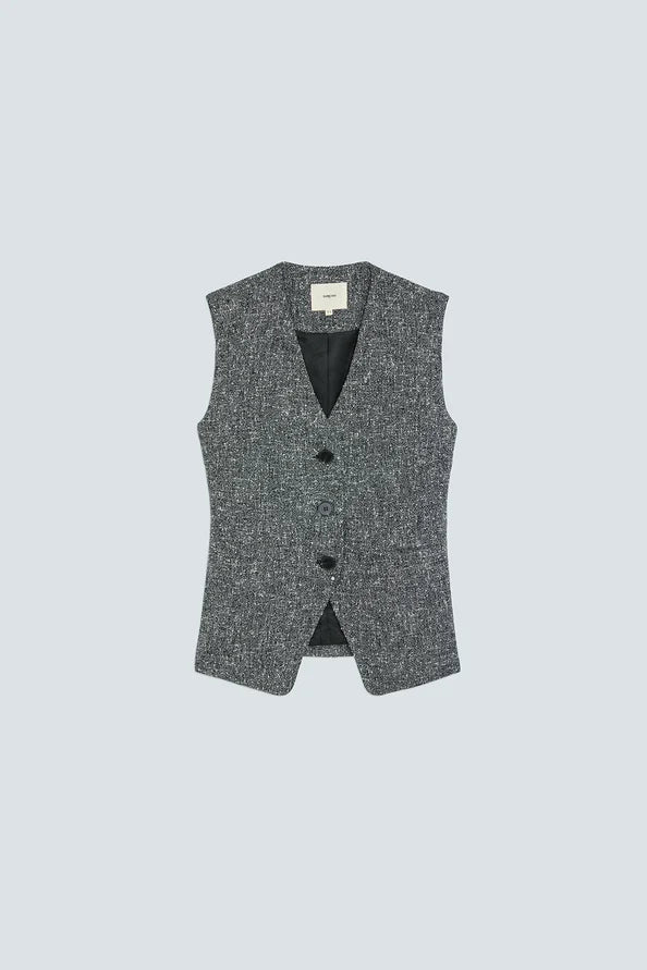 Gray pinstripe vest with three buttons and two pockets, SUNCOO Derek in Carbone on a light background.