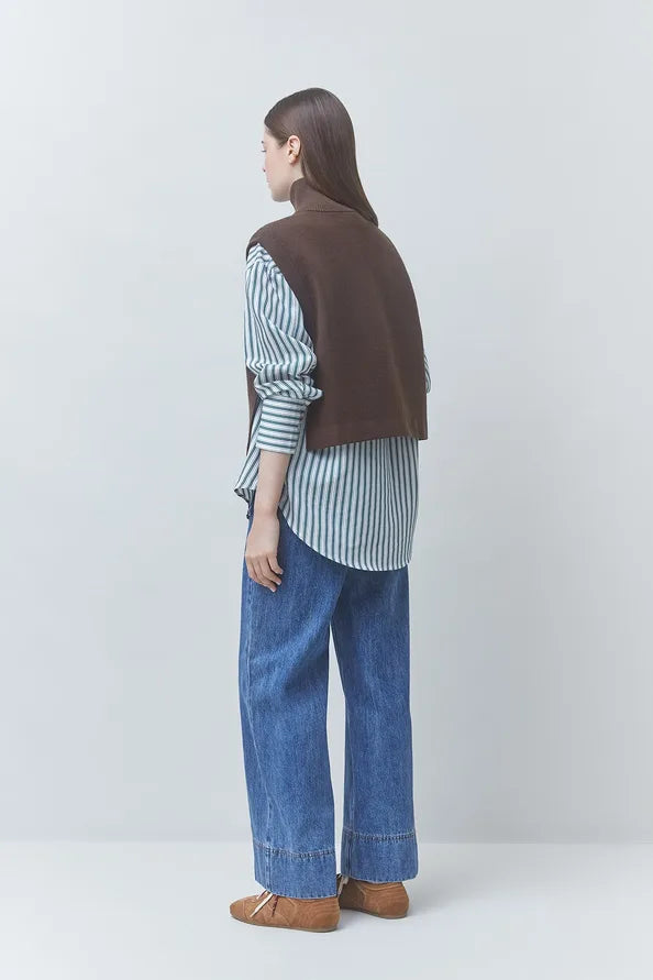 SUNCOO Pacomi striped button-up shirt and wide blue jeans, back view, relaxed fit for casual style.