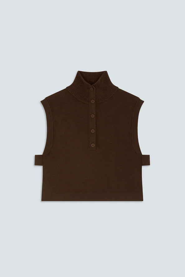 Brown sleeveless jumper with high collar and button placket, SUNCOO Pacomi in recycled polyester.