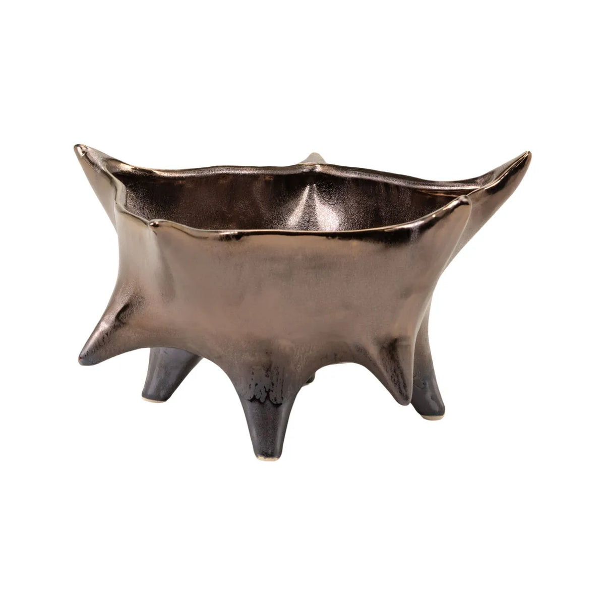 Westwood Short Vase in metallic bronze featuring a wide, irregular opening and three pointed feet.
