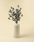 The Indaba Blueberry Branch is arranged minimally in a tall white ceramic vase, creating striking accent decor against a pale beige background.