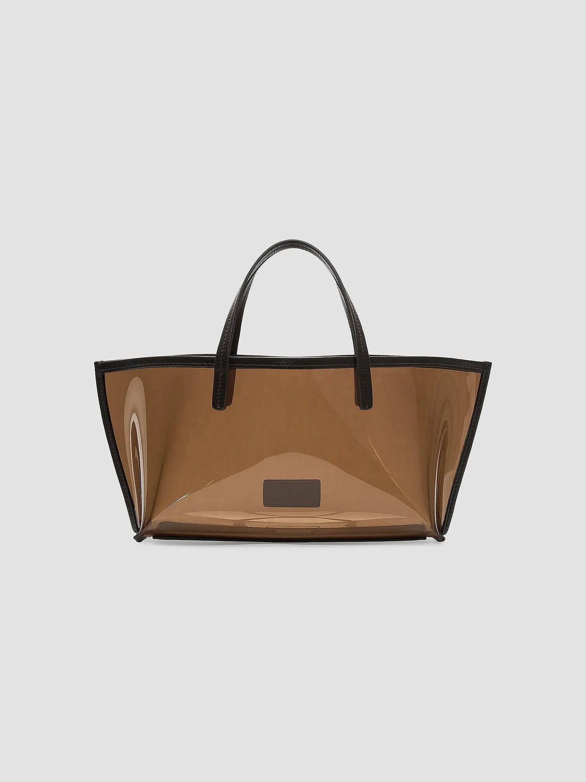Brown transparent mini tote with black handles and trim, Staud Christos Espresso at Bungalow Furniture & Accessories.