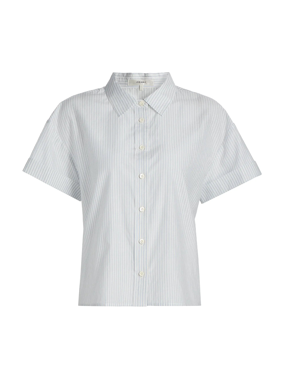 The Boardwalk Shirt by FRAME is a light blue and white vertically striped short-sleeve cotton-silk shirt with a collar, shown against a white background.