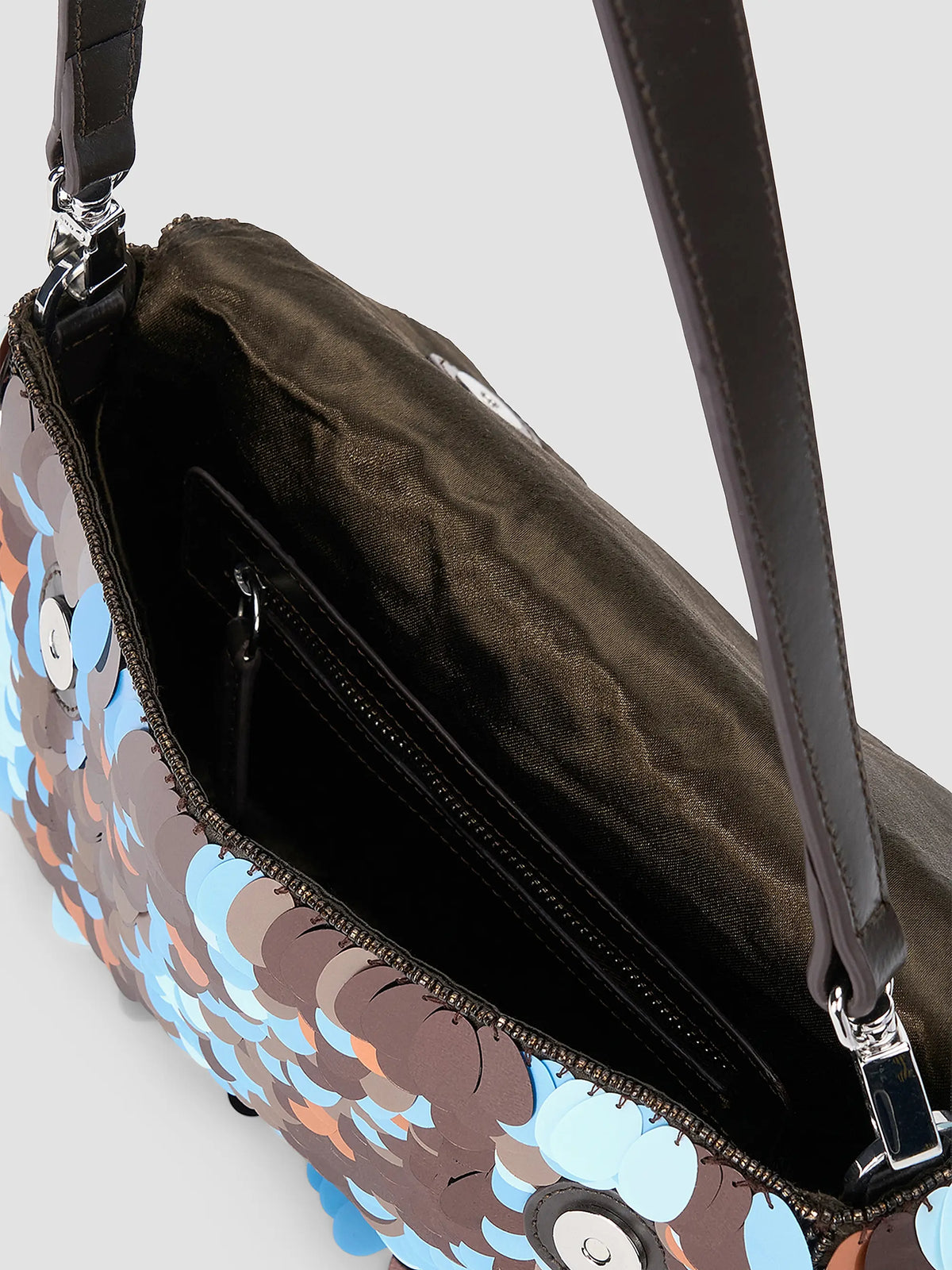 Staud Timmy Convertible Shoulder Bag with paillettes, black interior, zip pocket, and leather strap.