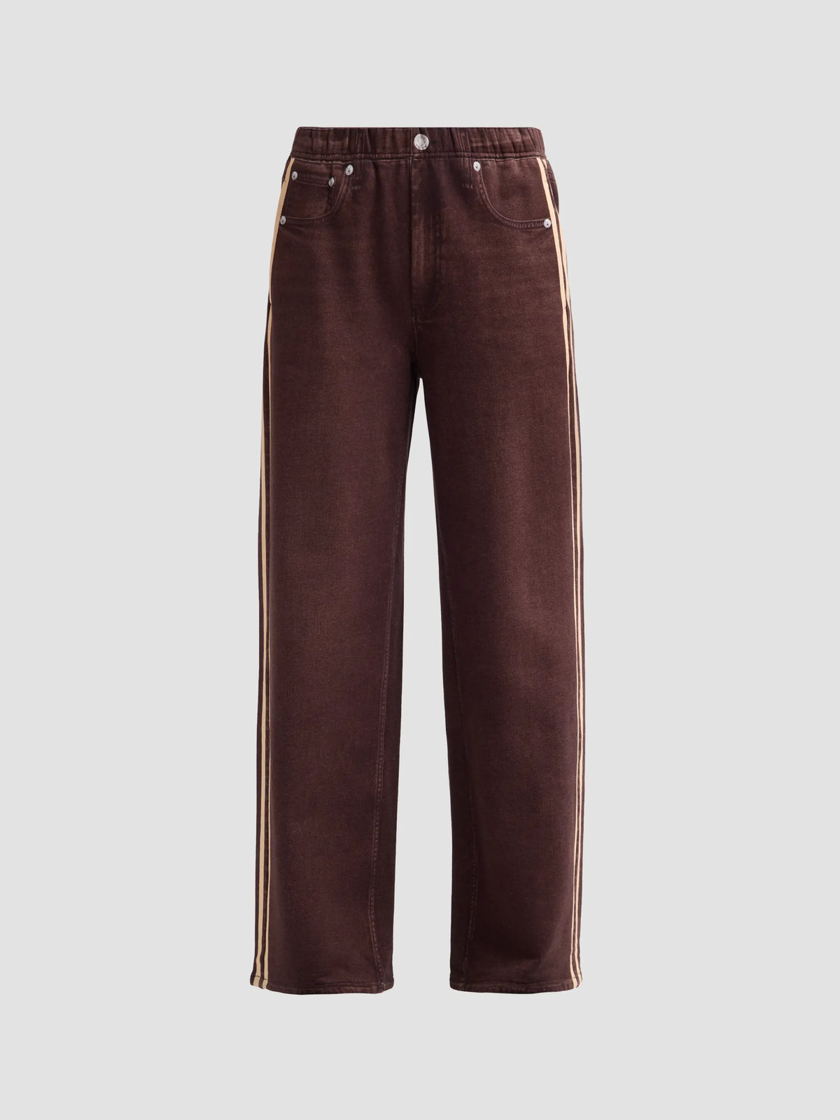 Wide-leg dark brown cotton terry track jeans with cream side stripes by Rag &amp; Bone.