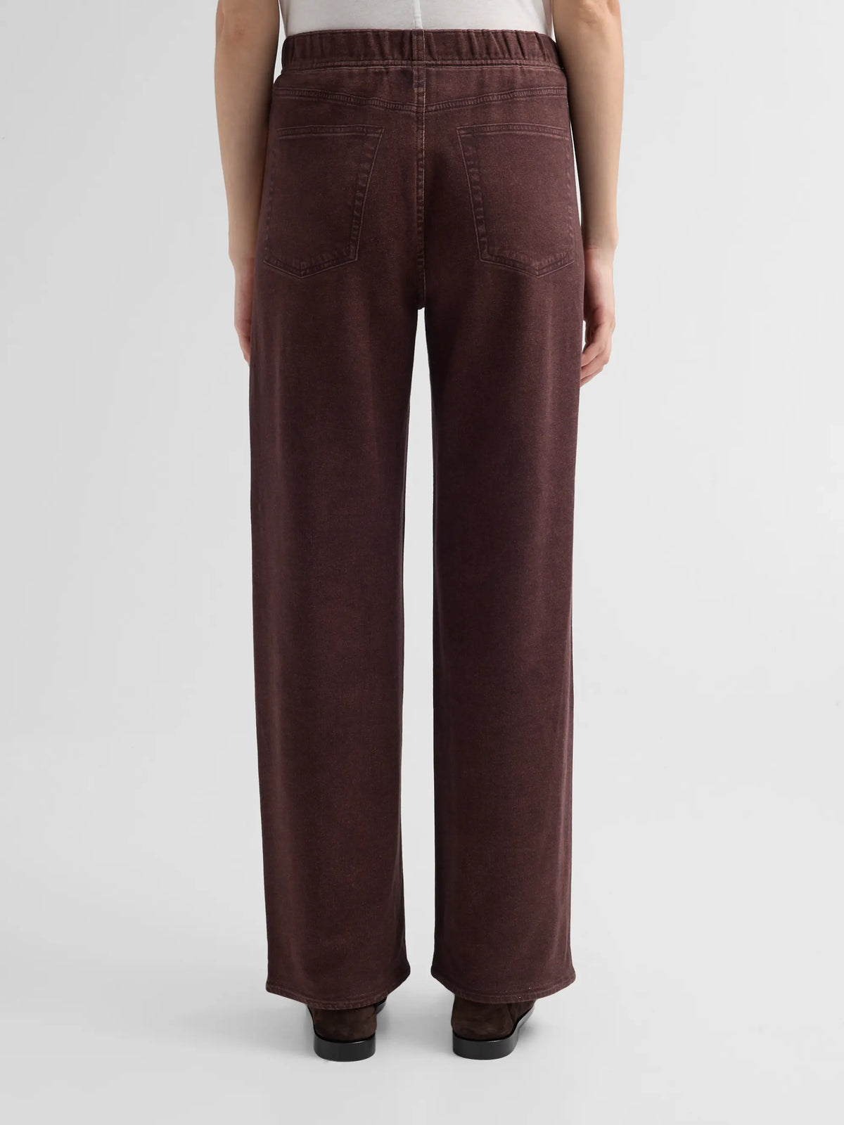 Dark brown wide-leg pants with denim print and elastic waist, back view of Rag &amp; Bone rb miramar terry track pull on.