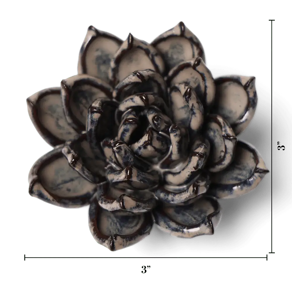 Boho ceramic succulent flower sculpture, three inches wide with a handmade glazed finish by Bungalow Furniture.
