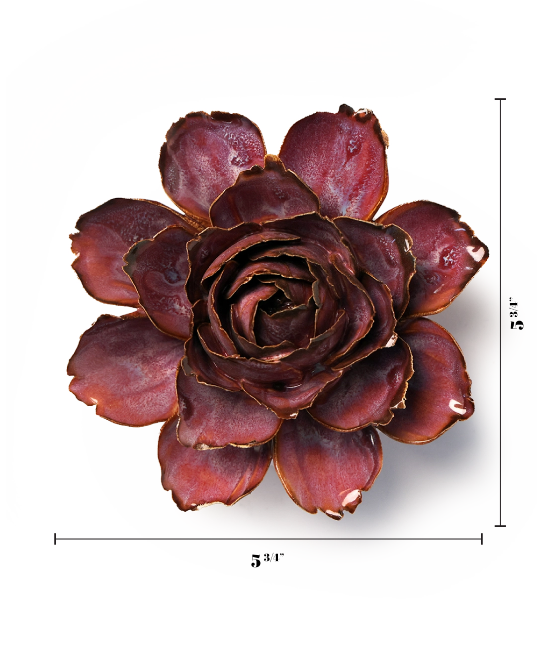 Dewberry Camellia ceramic flower by Botanicals, 5 3/4 inches wide, in deep reddish-purple with gold-trimmed petals.