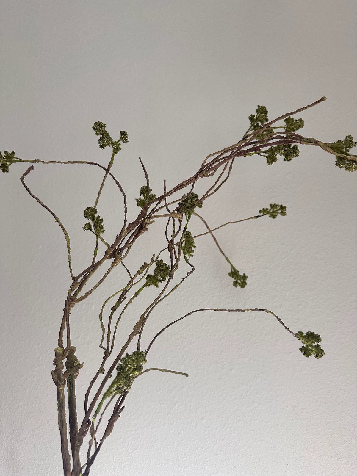 Faux moss twig spray with small green clusters, Bungalow Furniture, 36 inches, adds a wintry accent to pale walls.