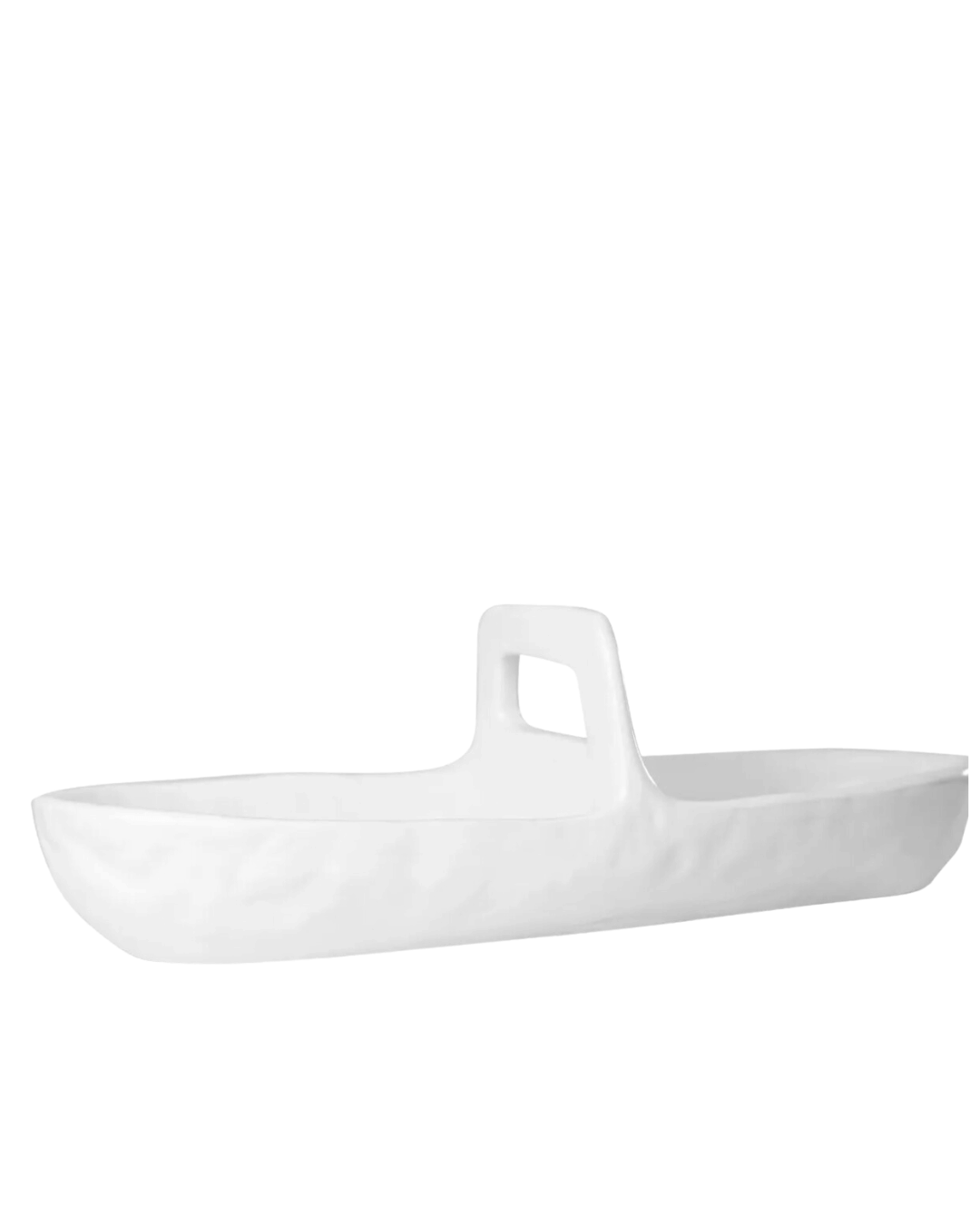 The Montes Doggett Appetizer Platter NO. 774 is an oval, handmade white ceramic tray with a tall central handle, crafted from high fired ceramic and presented on a plain white background for an elegant look.