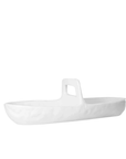 The Montes Doggett Appetizer Platter NO. 774 is an oval, handmade white ceramic tray with a tall central handle, crafted from high fired ceramic and presented on a plain white background for an elegant look.