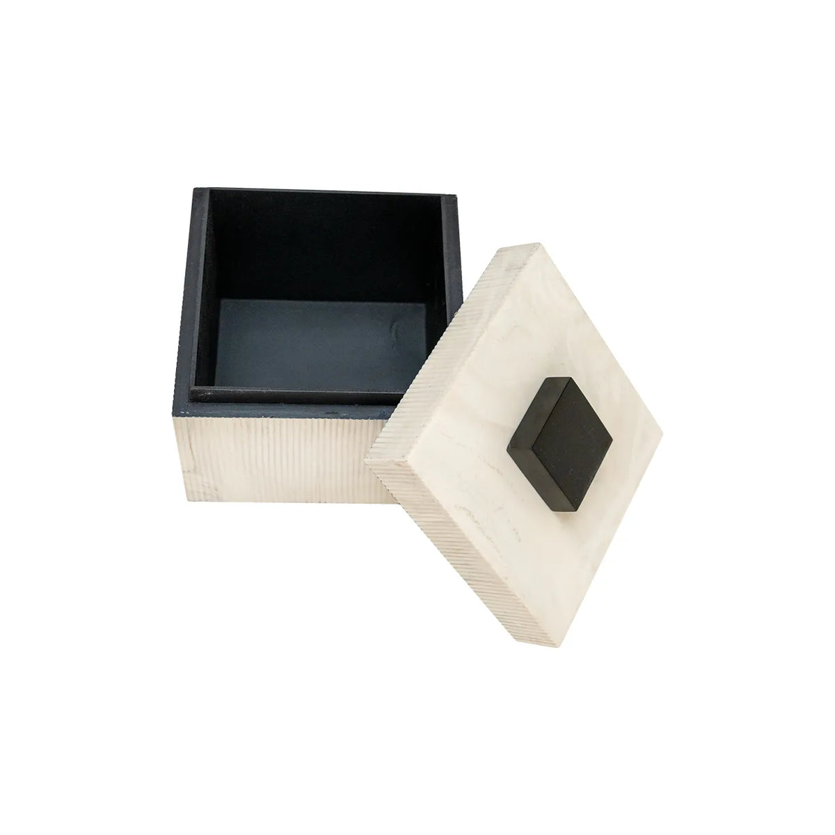 The Import Collection’s 46-056 Foley Box is a small, square wooden box with a black interior and matching lid with black square handle—ideal as a decorative storage piece for modern homes.