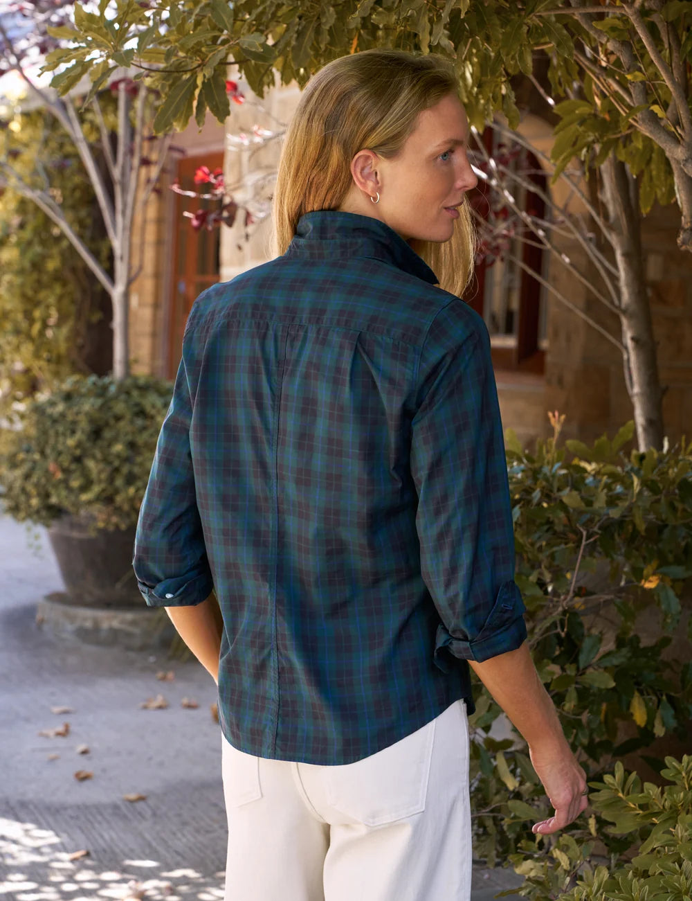 Frank & Eileen Barry Tailored Button Up Shirt in white, styled outdoors by greenery for a relaxed, polished look.