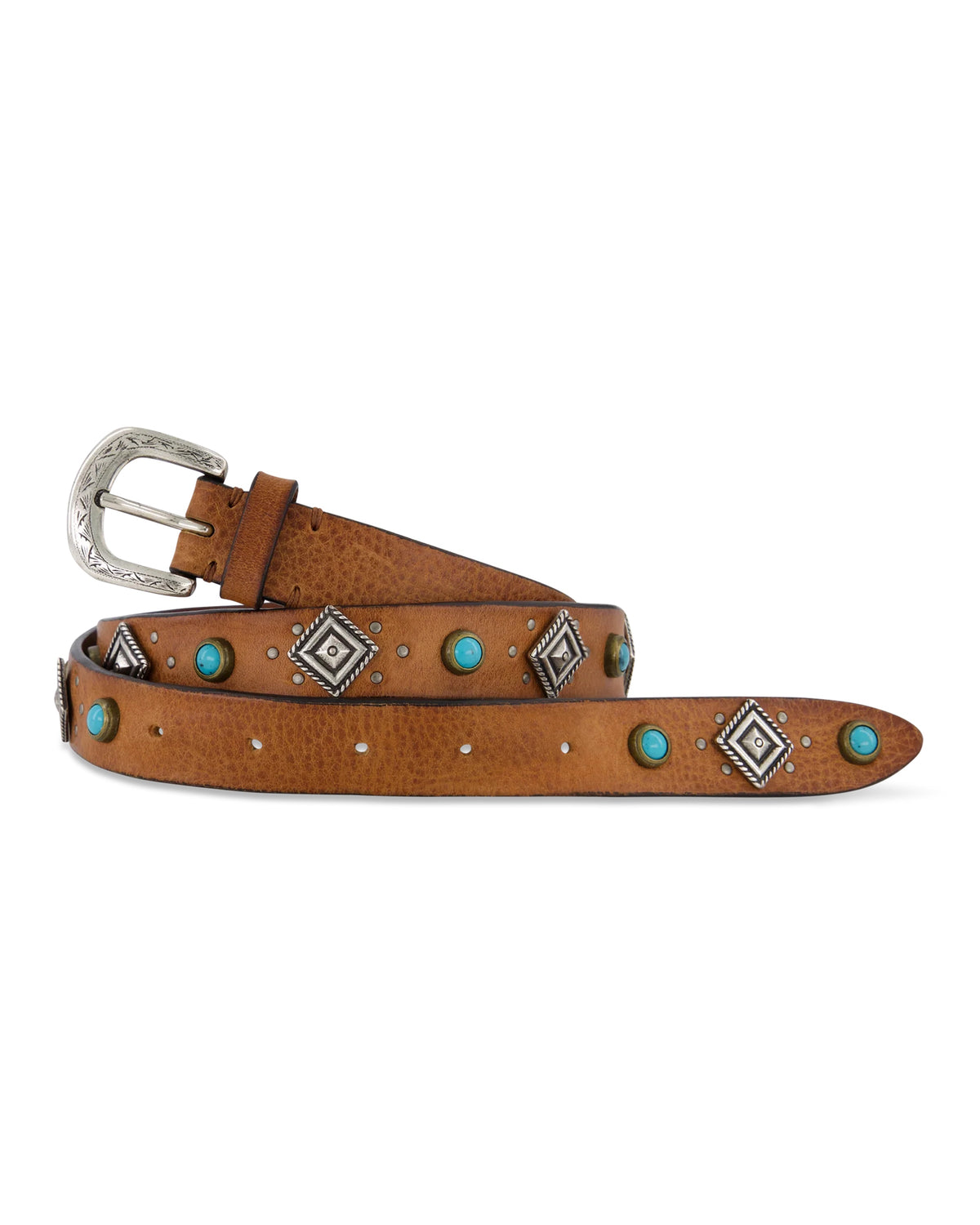 Brown belt with turquoise stones, silver diamond studs, classic buckle by Post & Co, style 10512.