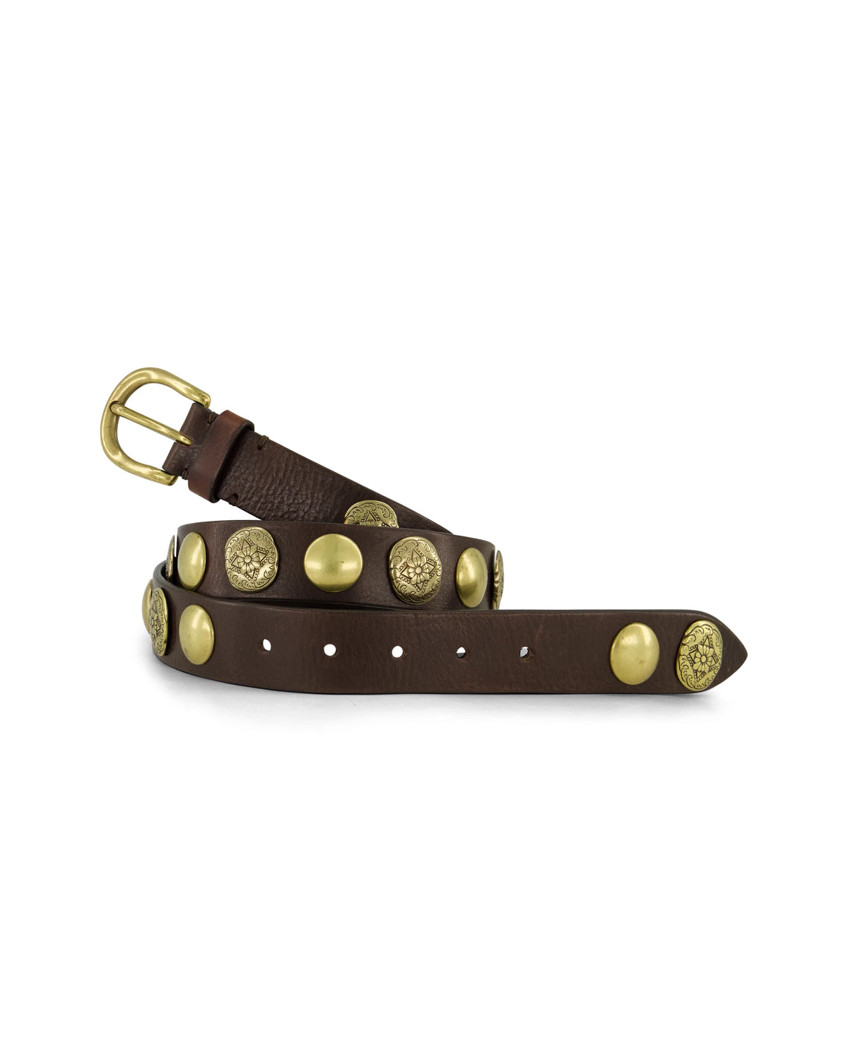 The Post & Co 10938 Lux T.Moro Belt features brown leather, a gold buckle, and embossed medallions with round gold studs. Keep it elegant by storing flat and cleaning gently as needed.