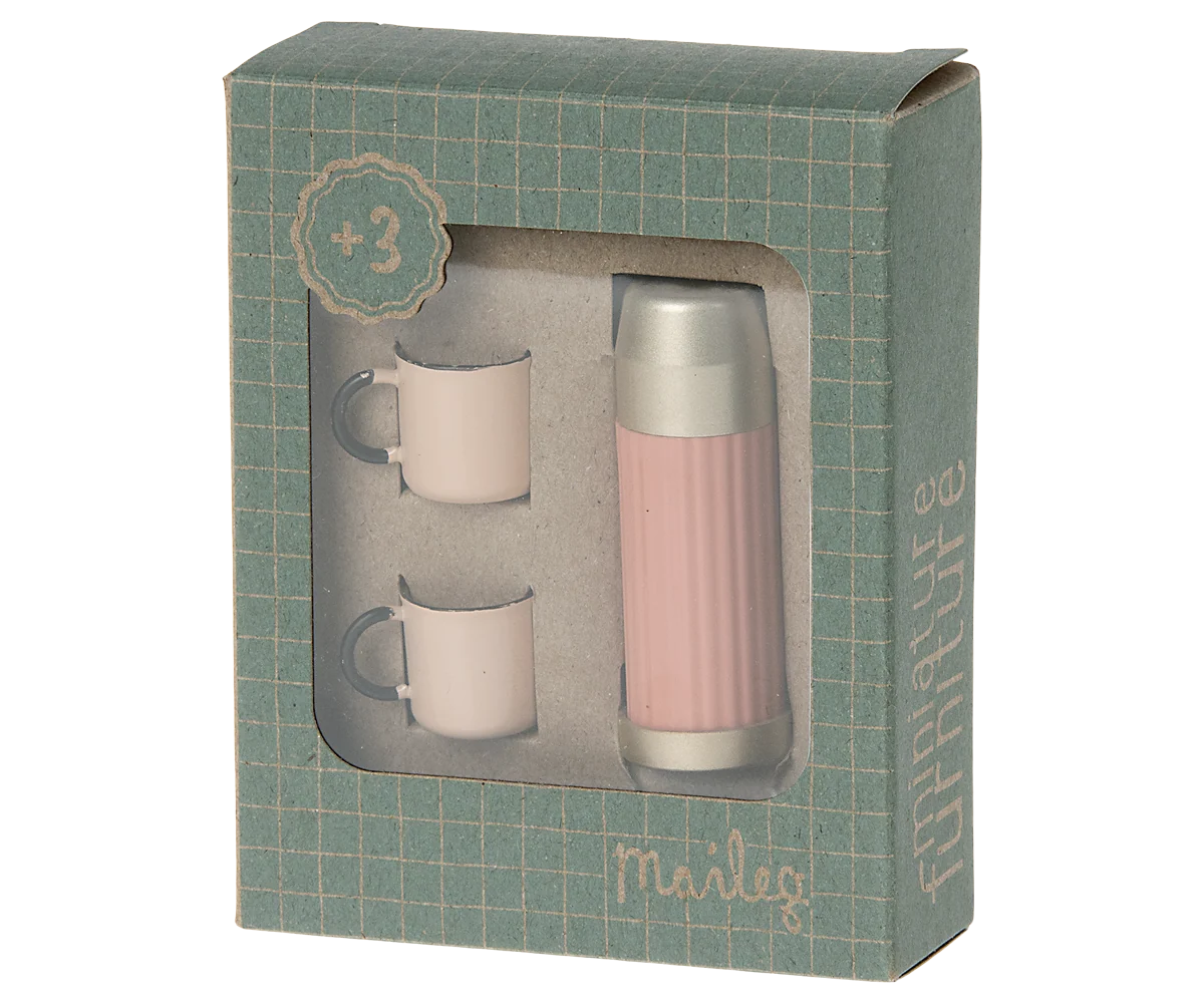 Pink Maileg thermos with two white cups in a green box, styled for hiker mice play, by Bungalow Furniture & Accessories.
