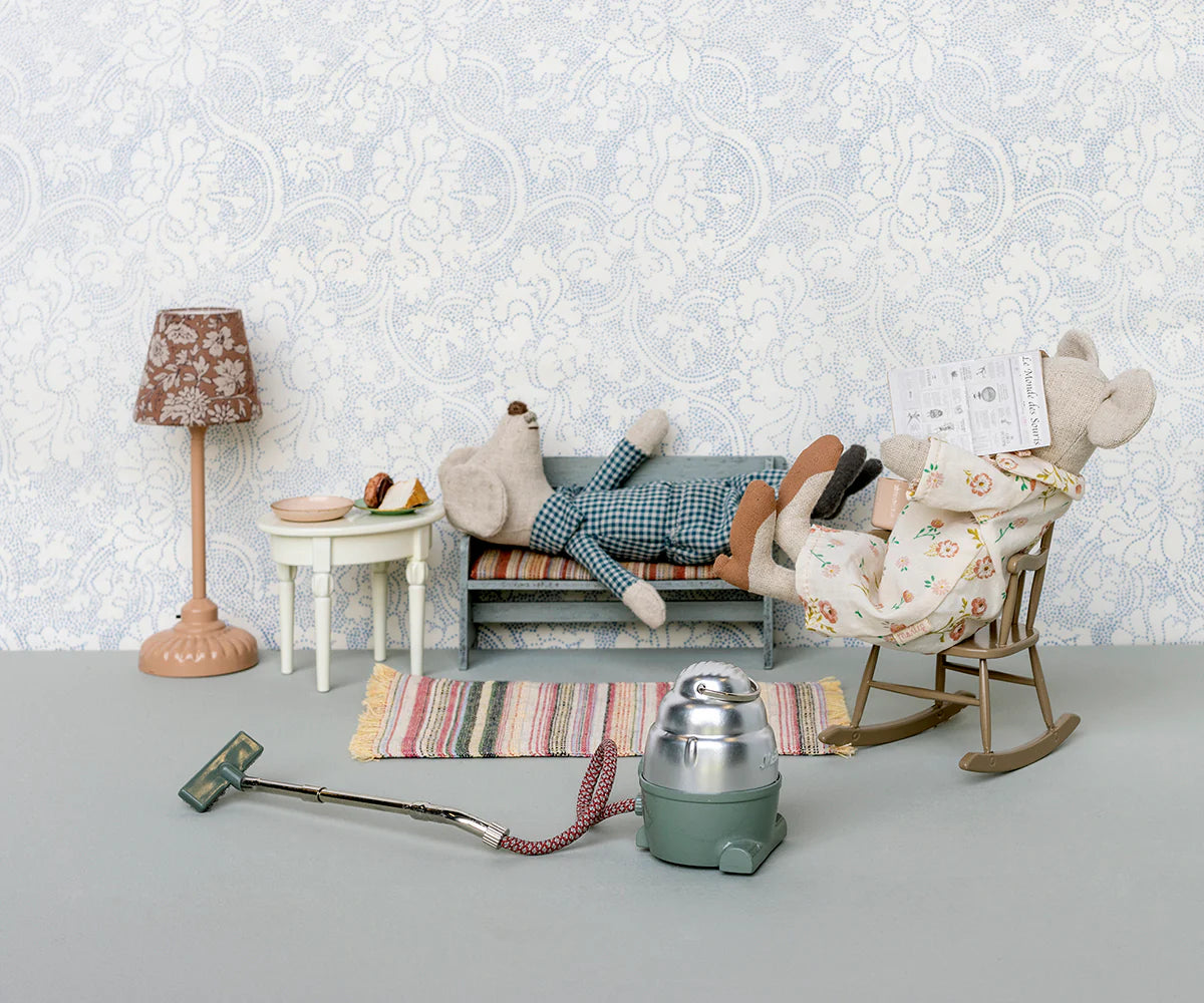 Maileg Mouse Bench with toy mice in a cozy living room scene, perfect for playful kids’ decor.