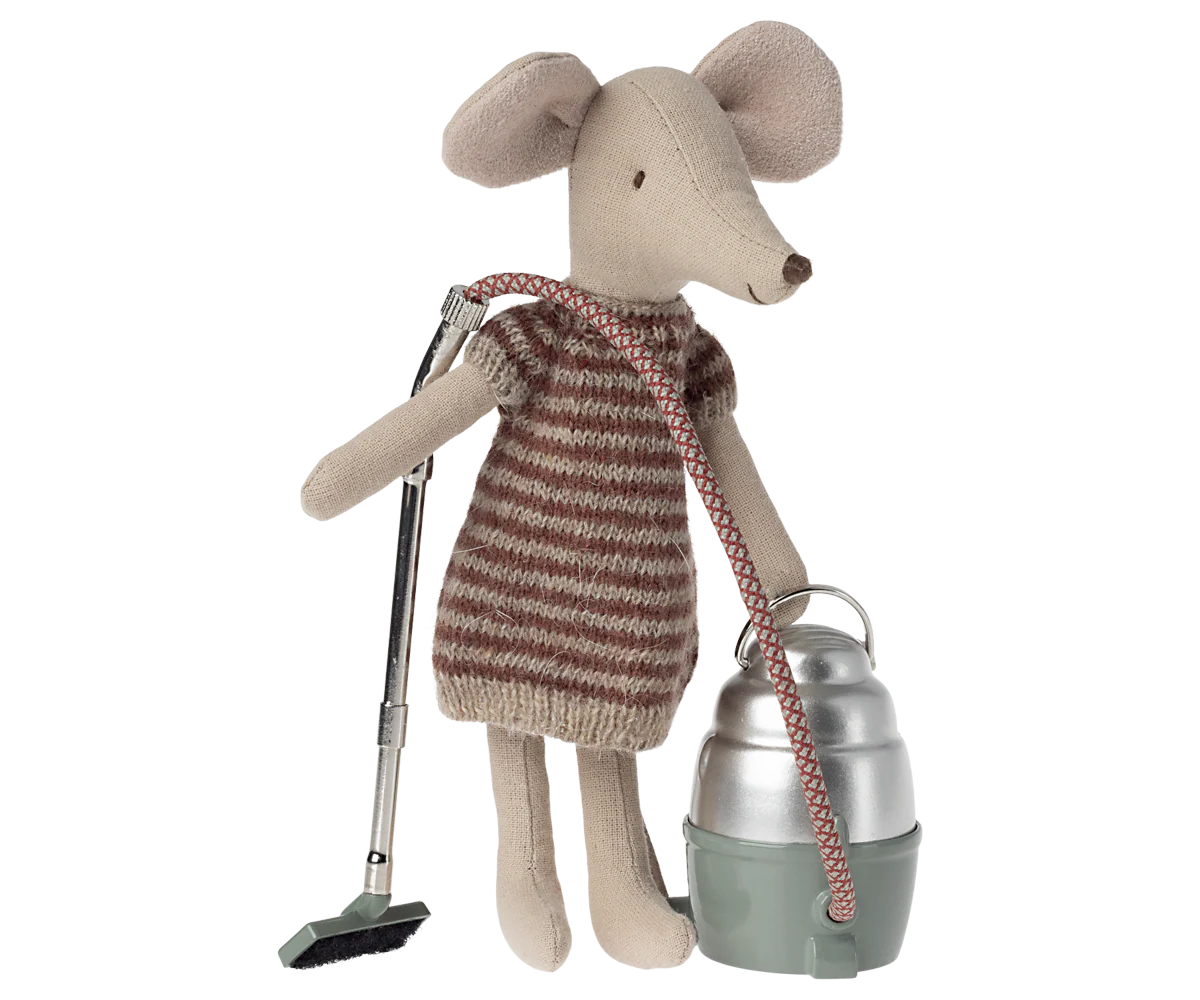 Maileg mouse in a striped dress holding a toy vacuum cleaner, perfect for pretend play; by Maileg.