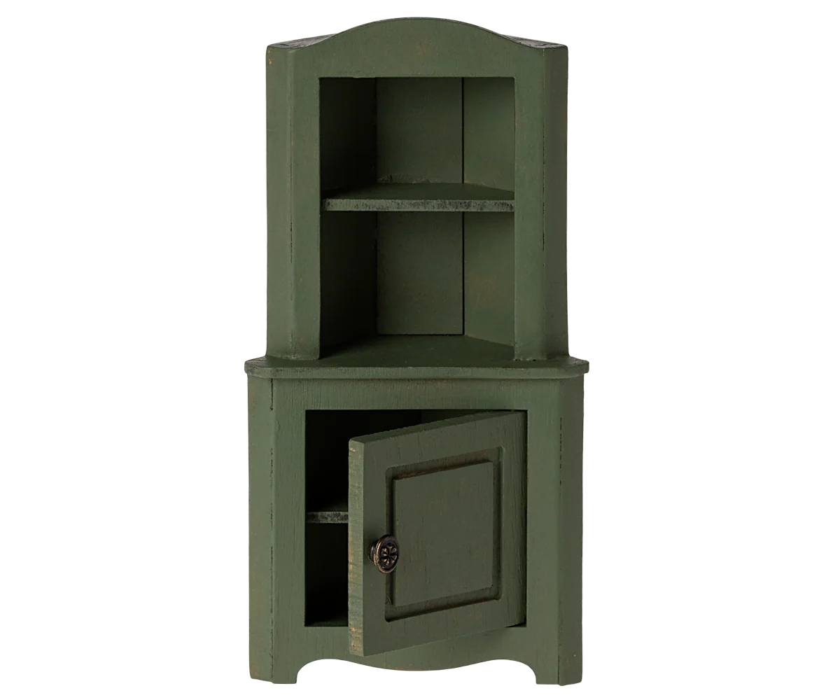 Green vintage-style wood cabinet with open door and shelves by Maileg, perfect for Mouse Hole Farmhouse décor.