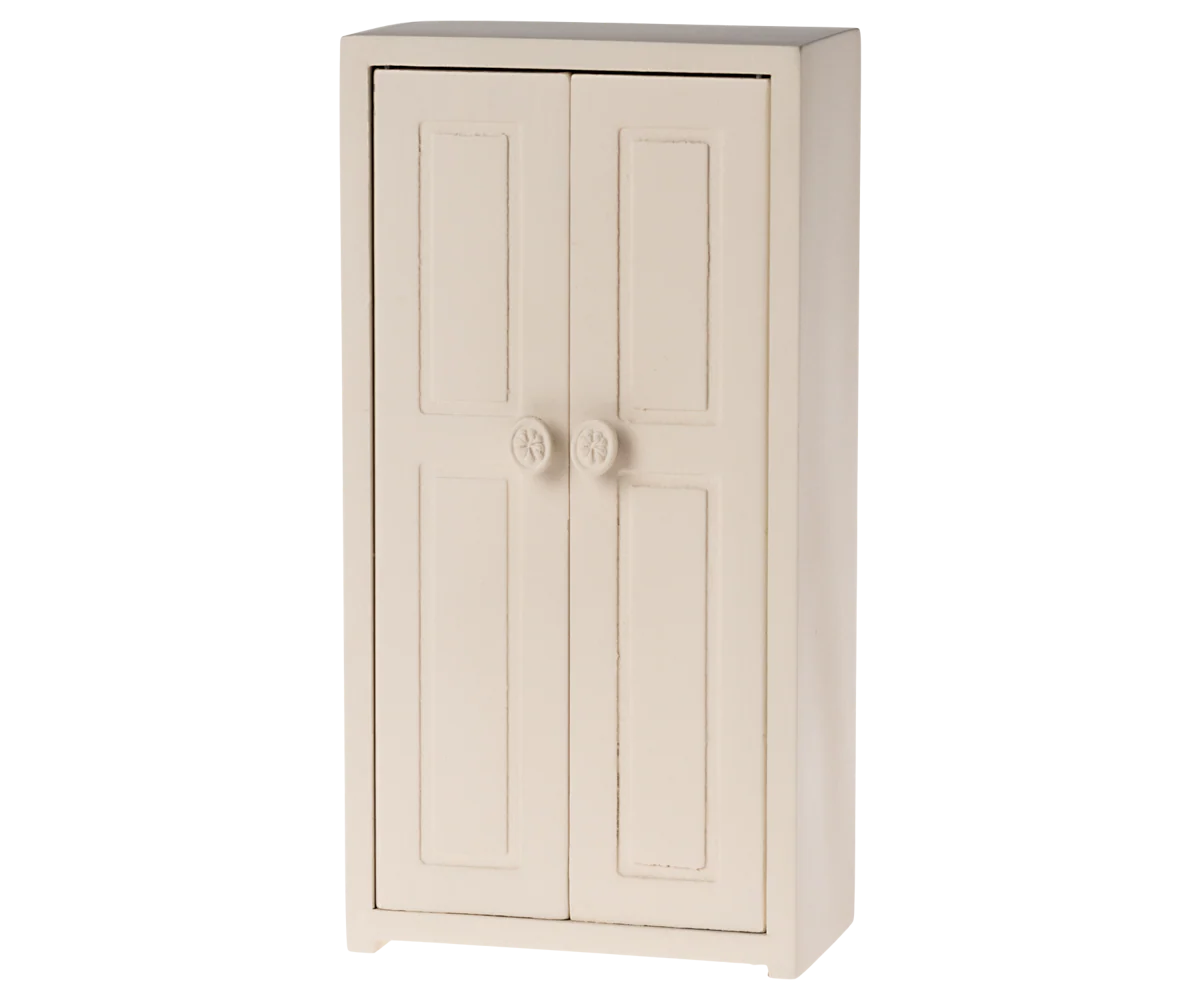 Cream-colored Maileg wardrobe with paneled doors and round handles, perfect for dollhouse play, from Bungalow Furniture.