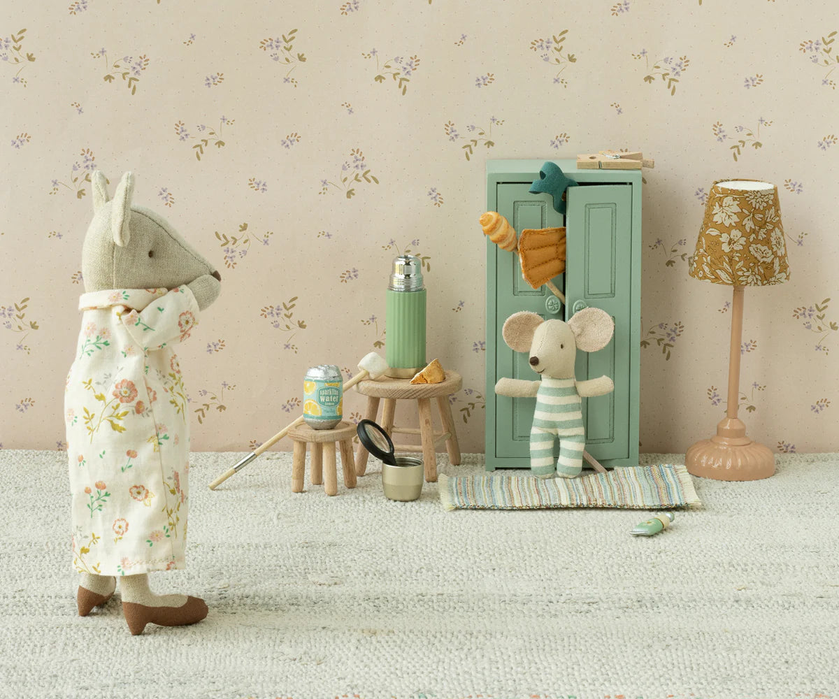 Maileg mice in pajamas with dollhouse furniture and closet, styled in a cozy kids’ room setting for Bungalow Furniture.