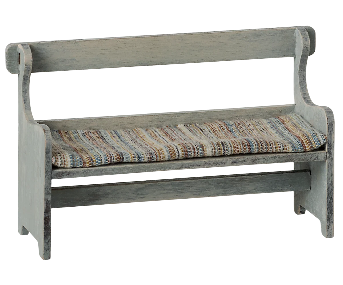 Off-white wood mouse bench with padded seat, armrests, and backrest by Maileg, perfect for dollhouse play.