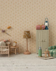 Maileg mini alarm clock on bedroom nightstand in Mouse Hole Farmhouse, perfect accent for dollhouse or playroom décor.