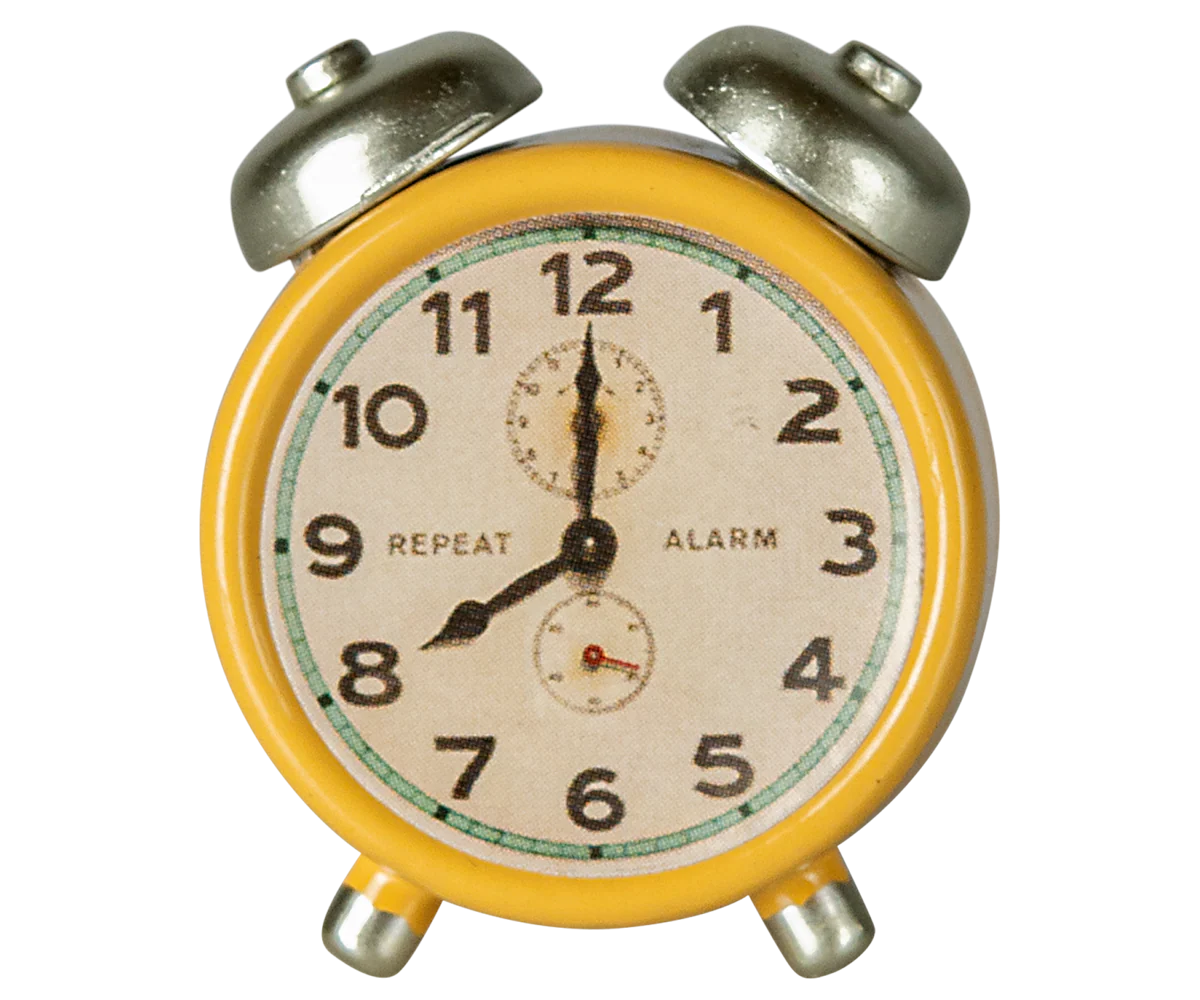 Yellow Maileg alarm clock set to 8:00, perfect for dollhouse or playroom accessories at Bungalow Furniture.