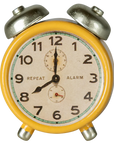 Yellow Maileg alarm clock set to 8:00, perfect for dollhouse or playroom accessories at Bungalow Furniture.