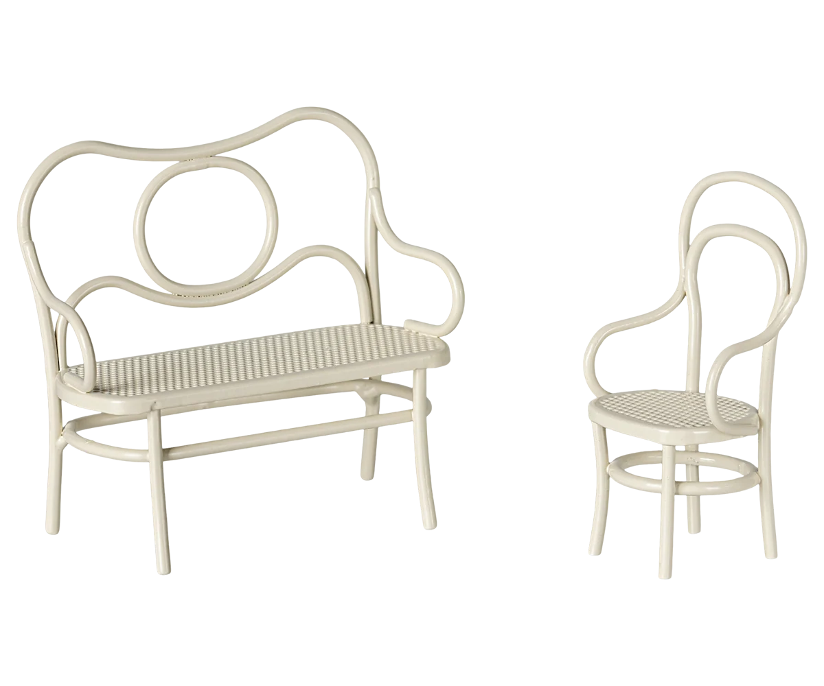 Cream bench and chair set with wavy backs by Maileg, perfect for Brother & Sister mice dollhouse furniture.