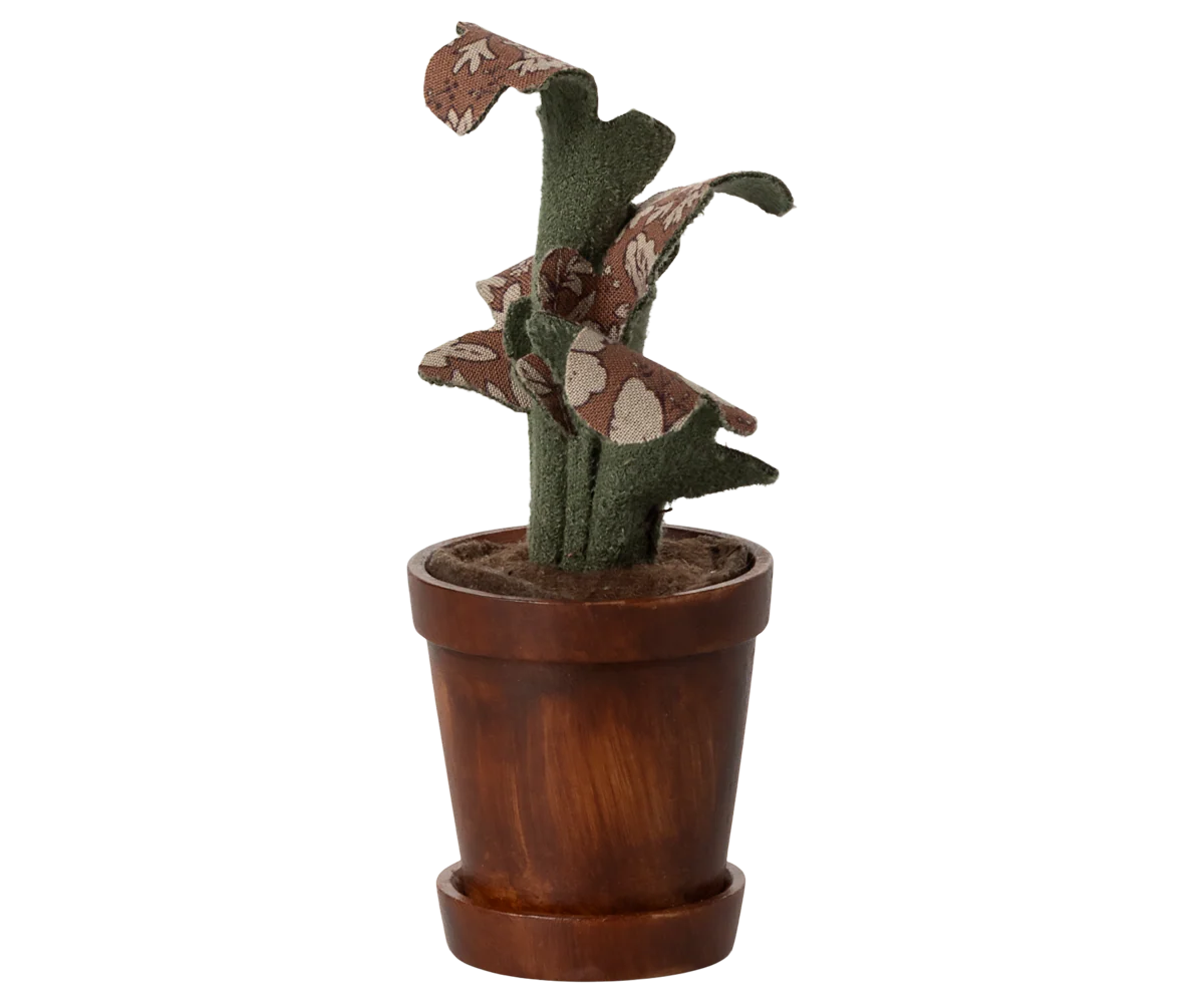 The Maileg Flower Pot by Maileg features a fabric plant with stitched green leaves and brown floral patterns in a small, round flower pot with matching saucer, displayed against a plain white background.