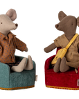 Maileg Folding Chairs with two fabric mice in shirts, one with a yellow bag; playful dollhouse accessory display.