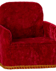 Red velvet folding chair with gold trim by Maileg, perfect for dollhouse or Mouse hole Farmhouse decor.