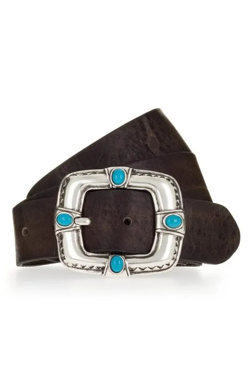 Anthracite leather belt with silver buckle, turquoise accents by B.Belt, Pansy 20mm.