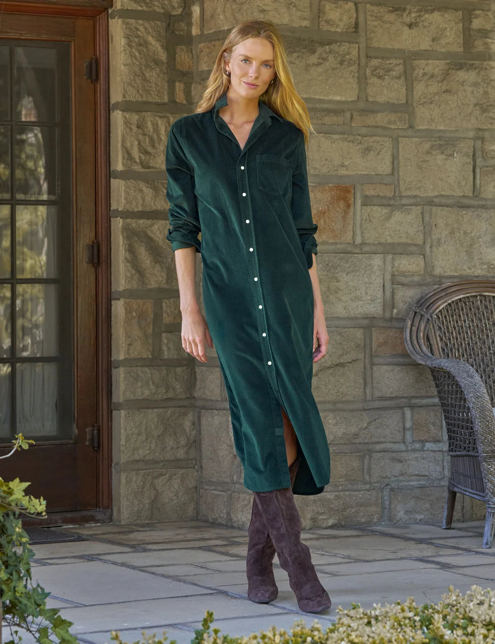 Peacock RORY Maxi Shirtdress by Frank & Eileen styled with boots, exuding laid-back California chic on a stone porch.